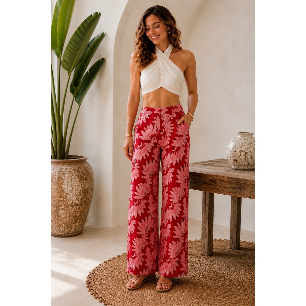 FARM Rio Banana Queen Pink & Red Tropical Floral Vintage Wide Leg Pants US Small